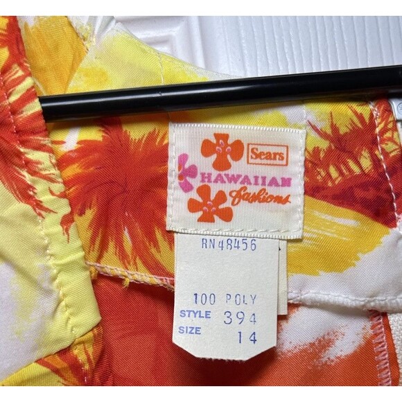Vintage Sears Hawaiian Fashions Empire Waist Palm Tree Maxi Orange/Yellow SZ 14 - Picture 3 of 6